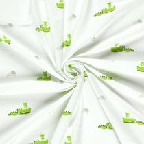 Tissu Jersey Coton imprimé Croco vert sur fond Ecru