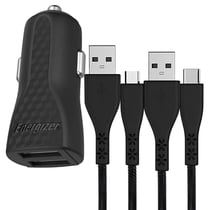 ENERGIZER Chargeur Allume-Cigare 2 USB-A 2.4A HardCase avec Câble USB-C et Micro-USB Noir