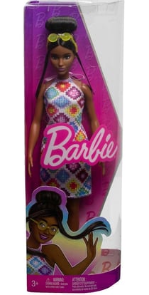Poupee barbie fashionistas noire - robe avec losanges - mattel - hjt07