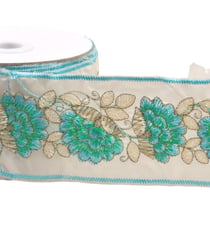 Bobine 10m galon brodé fleurs et feuilles 60mm bleu acier