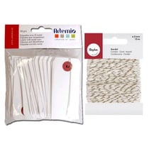 Etiquettes blanches 9 cm avec fil métal + Ficelle dorée & blanche 15 m