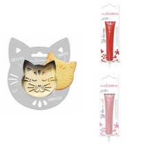 Kit pour biscuit en relief Chat + 2 Stylos au chocolat rouge et rose pastel
