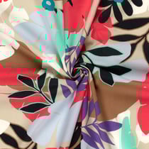 Tissu Coton stretch imprimé Feuilles noires, bleues et rouges sur fond Beige