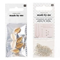 6 perles coquillages dorées + fermoirs fins et chaînes argentés