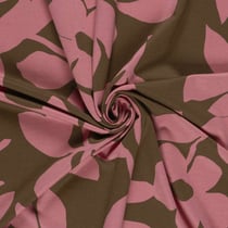 Tissu Jersey Milano Polyviscose grandes fleurs Rose sur fond Vert kaki foncé