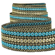 Bobine 10m Galon ronds brodés Turquoise/or 38mm