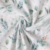 Tissu Double gaze de Coton Ysée feuillage Vert sur fond Blanc - Au mètre