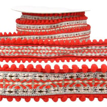 Bobine 10m Galon jacquard pompons Rouge 37mm