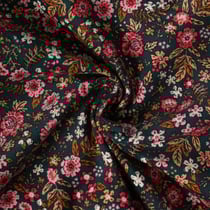 Tissu Velours Côtelé Iselda fleurs Roses sur fond Vert épicéa - Au mètre