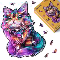 Puzzle en Bois Adulte et Enfant Figured'Art 200 pièces Animaux - Chat Coloré avec Gemme - Design Original 25,2x39 cm Forme Unique avec Coffret en bois Premium, Parfait pour Offrir en Cadeau