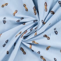 Tissu Jersey Coton imprimé Côme voitures de course sur fond Bleu ciel