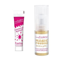 Colorant alimentaire en gel fuschia + Poudre alimentaire irisée dorée
