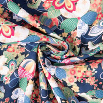 Tissu Coton imprimé Foil Arty Kyoto fleurs cerisiers sur fond Bleu nuit