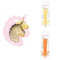 Kit pour biscuit en relief Licorne + 2 Stylos au chocolat jaune pastel et orange