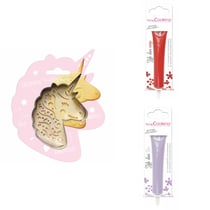 Kit pour biscuit en relief Licorne + 2 Stylos au chocolat rouge et lilas