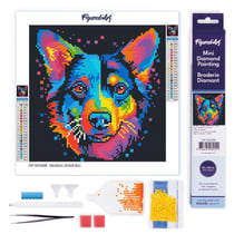 Mini Diamond Painting Broderie Diamant Figured’Art 25x25cm toile entière roulée avec diamants ronds - Chien Abstrait Pop Art Néon