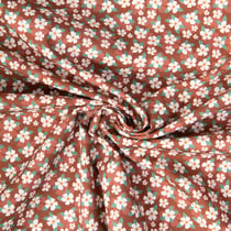 Tissu Popeline de Coton Petites fleurs Blanc et Vert sur fond Marron