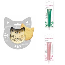 Kit pour biscuit en relief Chat + 2 Stylos au chocolat vert et rose pastel
