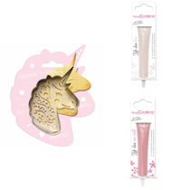 Kit pour biscuit en relief Licorne + 2 Stylos au chocolat blanc et rose pastel