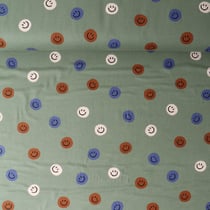 Tissu Flanelle de Coton Zoé smiley Bleu sur fond Vert olive