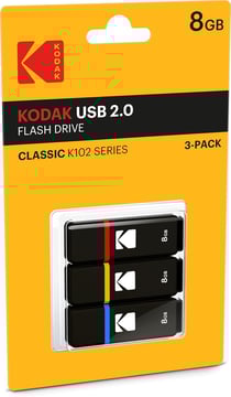 KODAK Lot De 3 Clés USB 8Go K102 - USB 2.0, Compatibilité Universelle, Lecture 15MB/s, Écriture 5MB/s, Compactes 54x12x6mm - Noir