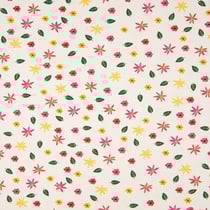 Tissu Jersey Coton Feuilles et fleurs jaunes vertes et rouges sur fond Blanc