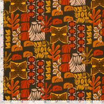 Tissu Sweat léger French Terry Solène floral rétro Rouge et Moutarde sur fond Brun