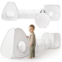 Tente Tunnel Enfant Pop-Up 3 en 1 Triangle Cube Labyrinthe Dim 302x80cm Gris