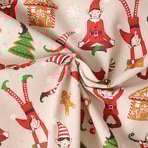 Tissu Toile Polycoton Lutinou esprit de Noël sur fond Beige