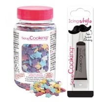 Décors sucrés étoiles arc-en-ciel 55 g + Stylo de glaçage noir