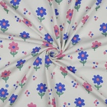 Tissu Jersey Coton imprimé Fleurs pailletées Rose et bleu sur fond Blanc