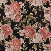 Tissu Mousseline doré Fleuris Rose sur fond Noir - Au mètre