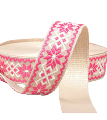 Sangle fleurs ethnique 38mm fuchsia/beige au mètre