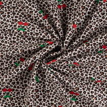 Tissus Jersey Coton imprimé Cerises et léopard sur fond Ecru