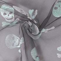 Tissu Tulle souple Morgana tête de mort paillettes argentés et irisés sur fond Noir - Au mètre