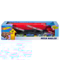 Hot wheels méga camion transporteur 45 cm avec 6 panneaux de stationnement + 4 voitures - mattel - fpm81
