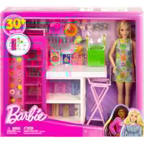 Poupée barbie métier : la cuisine de barbie avec 31 accessoires + 1 poupée mannequin - mattel - hjv38