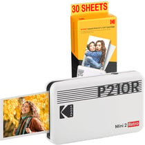 KODAK Pack Mini Imprimante P210 Retro 2 + Cartouche et papier pour 30 photos - Imprimante Connectée Bluetooth - Photos format CB 5,3 x 8,6 cm - Batterie Lithium - Sublimation Thermique 4Pass