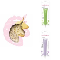 Kit pour biscuit en relief Licorne + 2 Stylos au chocolat vert clair et lilas