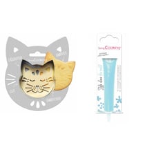Kit pour biscuit en relief Chat + Stylo au chocolat bleu pastel