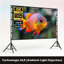 Écran 100 pouces 4K HD 16:9 sur trépied réglable, intérieur/extérieur.