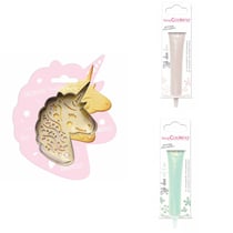 Kit pour biscuit en relief Licorne + 2 Stylos au chocolat blanc et vert d'eau