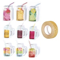 9 stickers 3D Boissons mason jars 5 cm + masking tape doré à paillettes 5 m