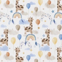 Tissu Coton digital LittleBird Girafe et ballon sur fond Blanc