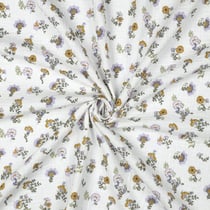 Tissu Double gaze de Coton Bio digital petites fleurs Lilas sur fond Blanc