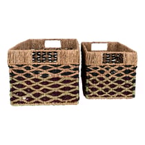 2 paniers rectangulaires en jonc de mer noir et marron clair