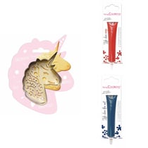Kit pour biscuit en relief Licorne + 2 Stylos au chocolat rouge et bleu nuit