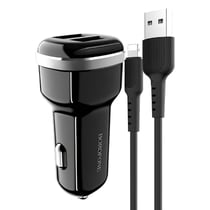 Borofone Chargeur de Voiture 2 Ports USB avec Câble Lightning en Polycarbonate inclus Noir