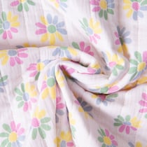 Tissu Double gaze de Coton Matelassé réversible Fleuris Melba sur fond Blanc