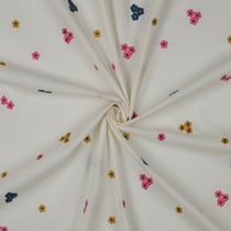 Tissu Voile de Coton brodé Petites fleurs Rose, Bleu et Or sur fond Ecru